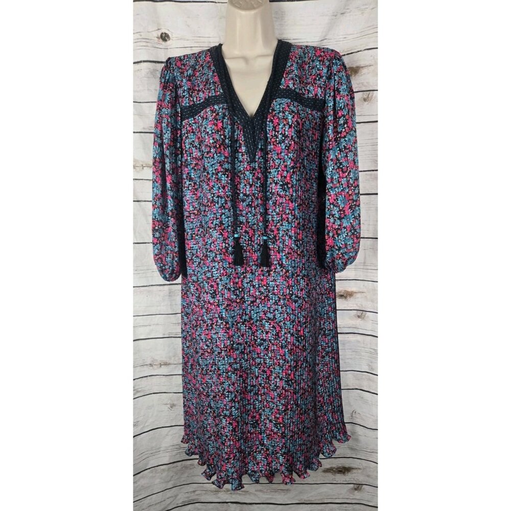 Vintage Diane Freis Pleated Floral Georgette Dress Peasant Tassels Puff Sleeves